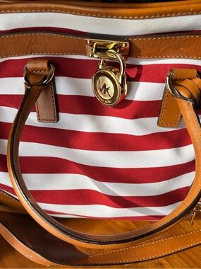 Michael Kors Red & White Striped Tote with Tan Leather Trim and Gold Hardware